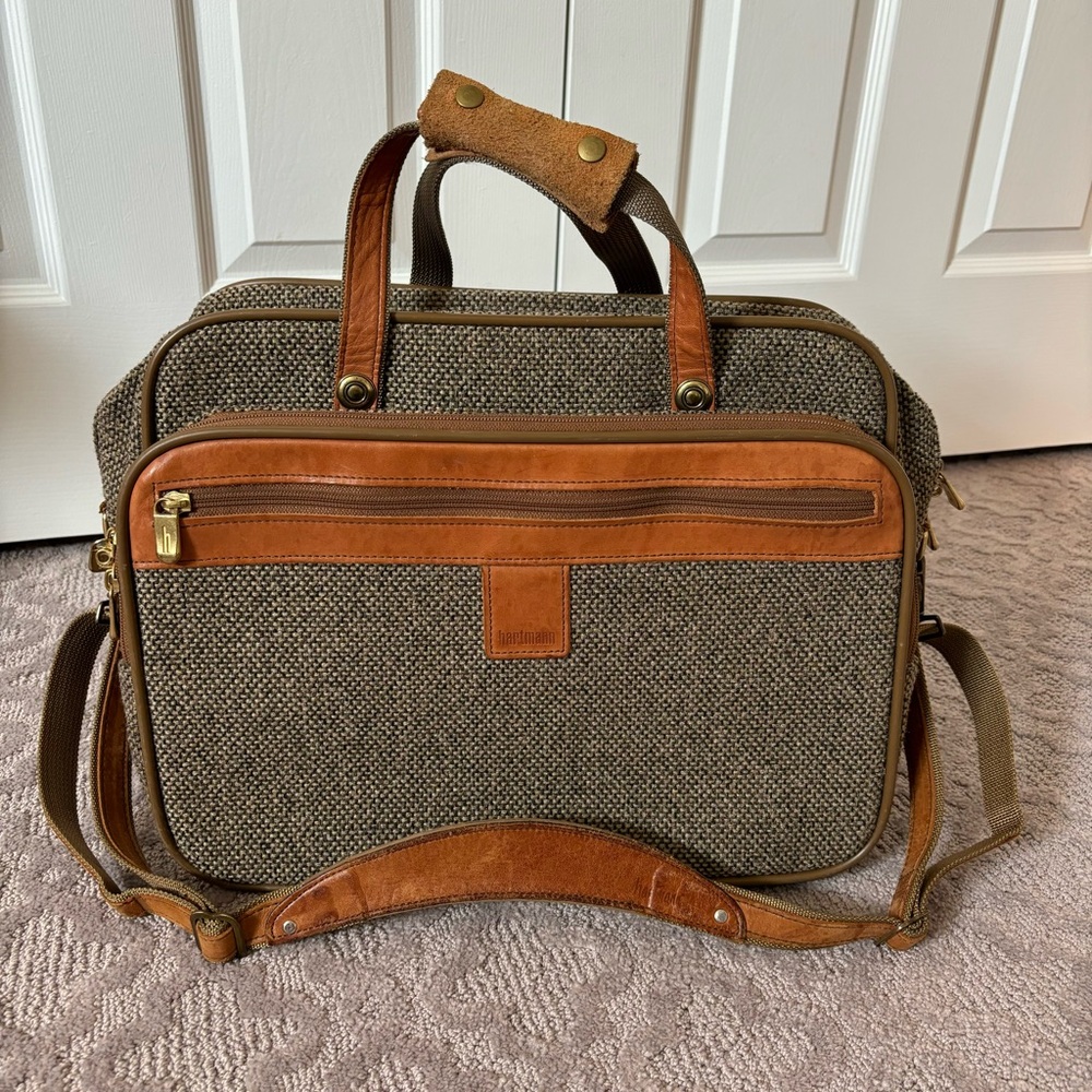 VTG Hartmann Brief Case Carry On Satchel Tweed Leather Travel Case Work